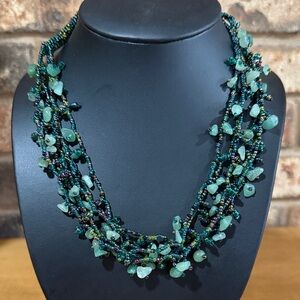Vintage Iridescent Jadeite Chips Cluster Seed Beaded 6 Strand Statement Necklace